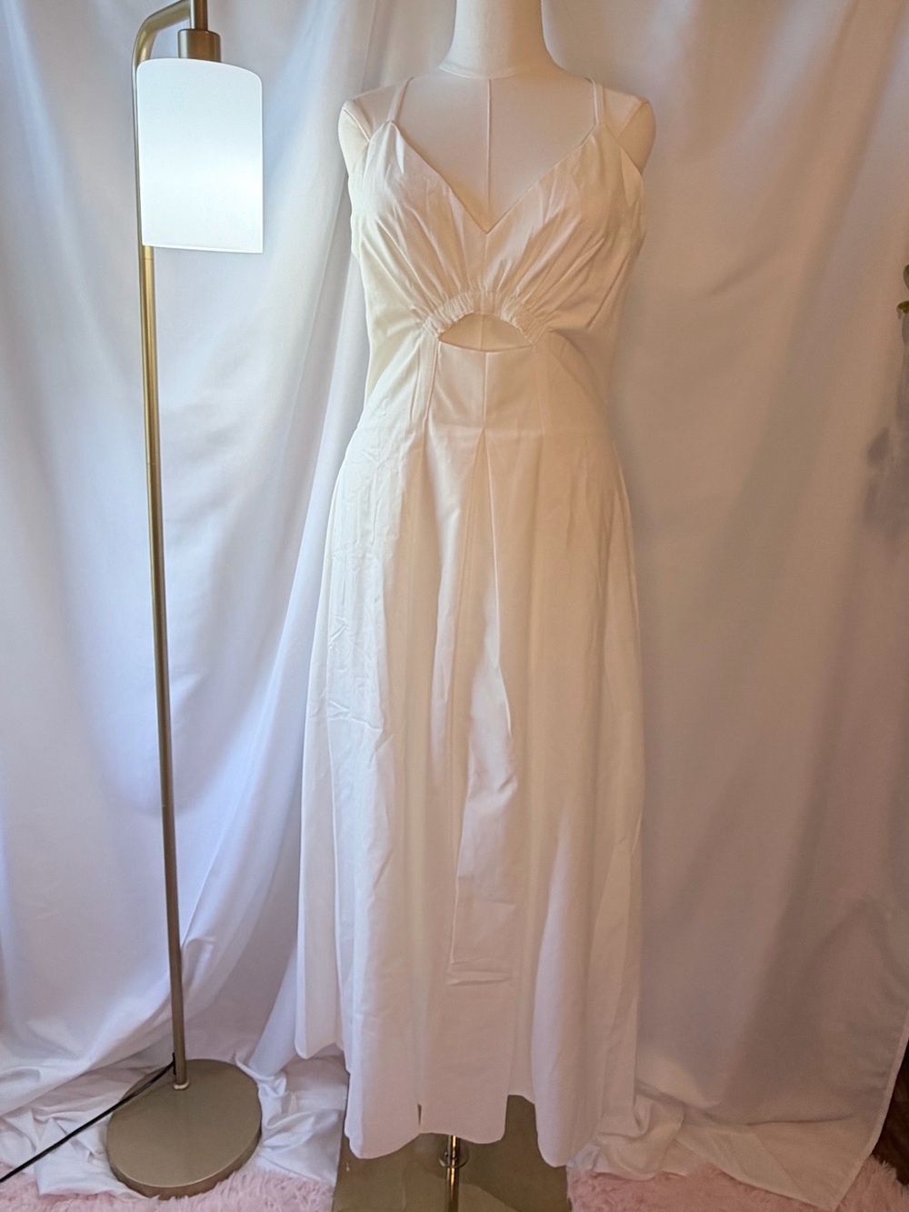 Women's White Cutout Maxi Dress with V-Neck and Spaghetti Straps